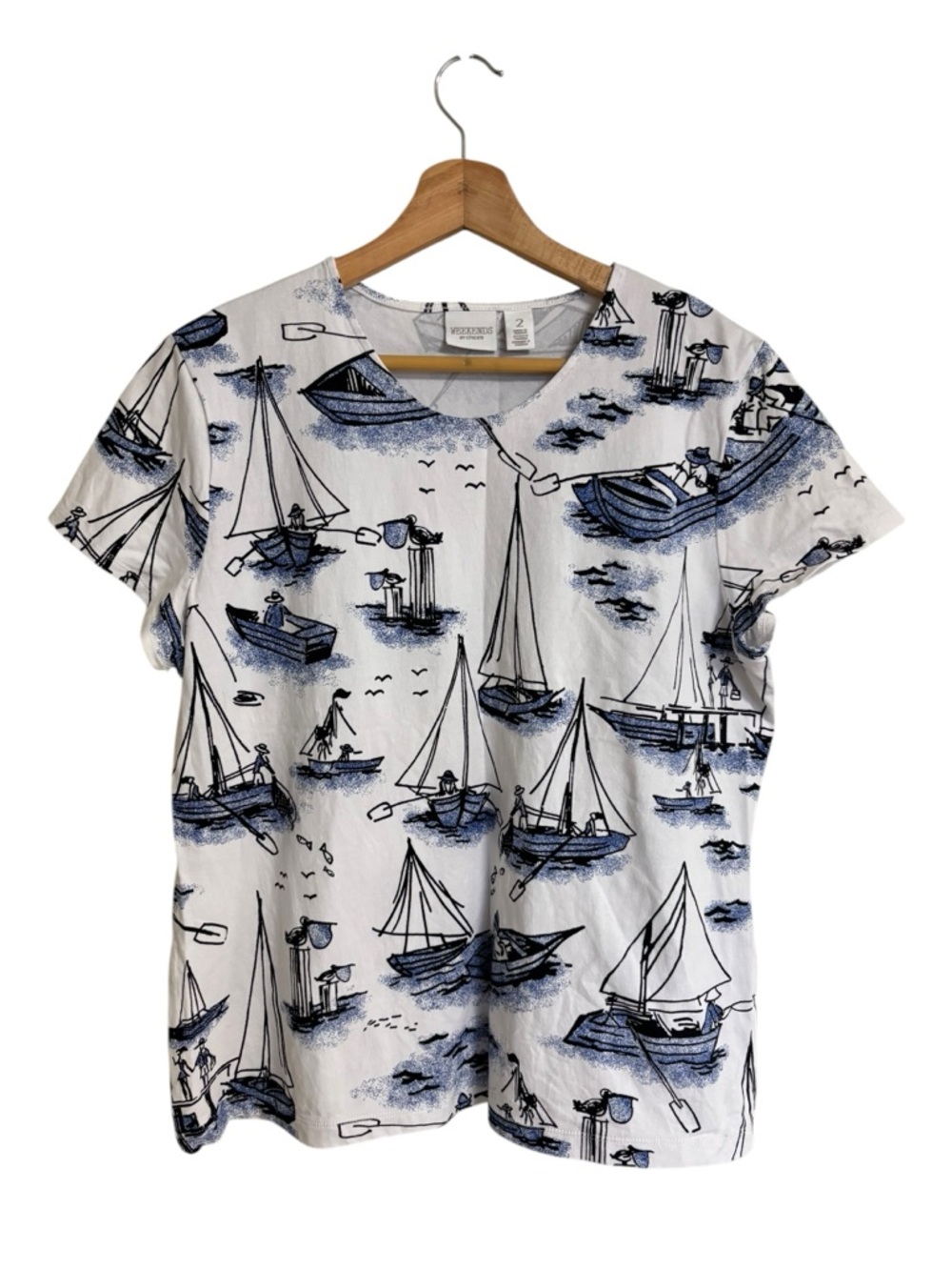 Weekends by Chico’s white summer nautical sailboats coastal short sleeve Shirt L